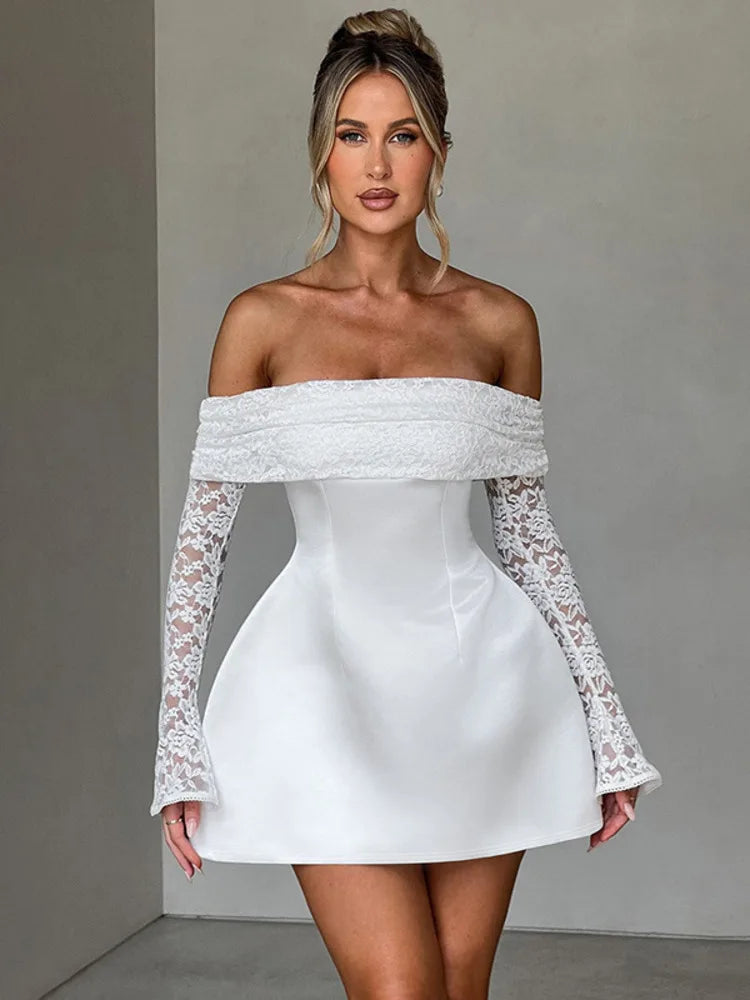 Celeste - Lace and satin off shoulder dress