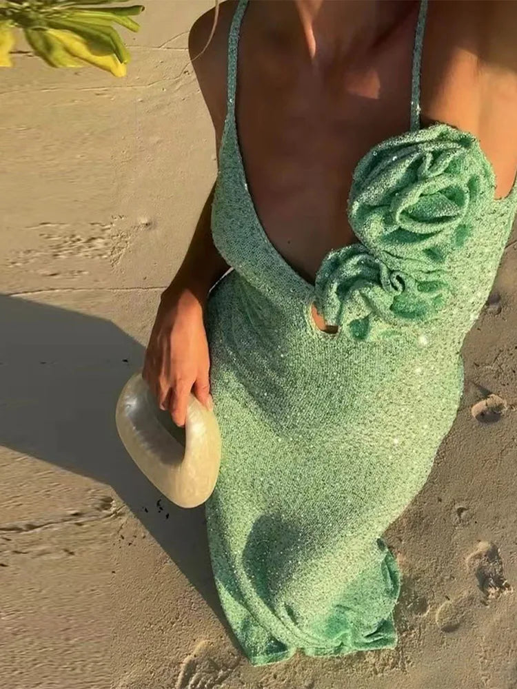 Gaia - Shimmer v-neck dress with flower detail