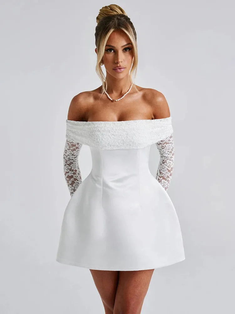 Celeste - Lace and satin off shoulder dress