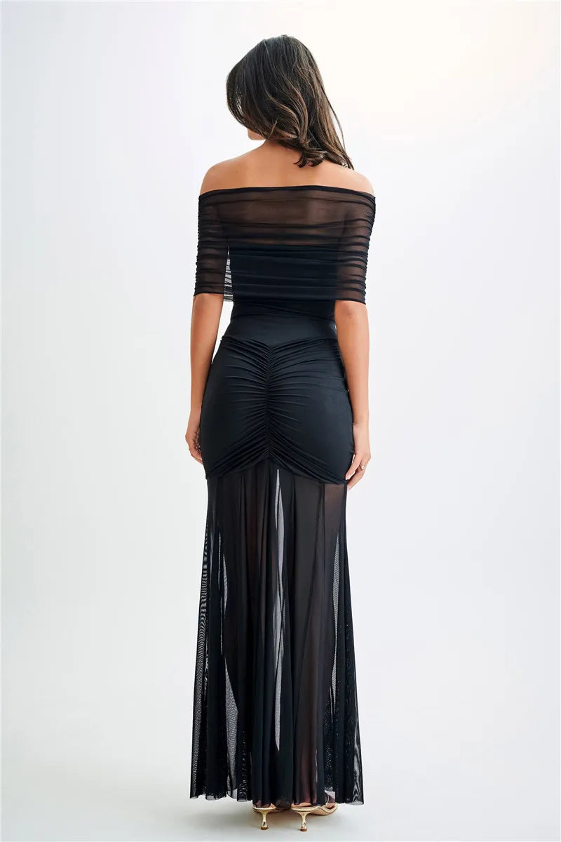 Solana - Elegant off shoulder sheer dress