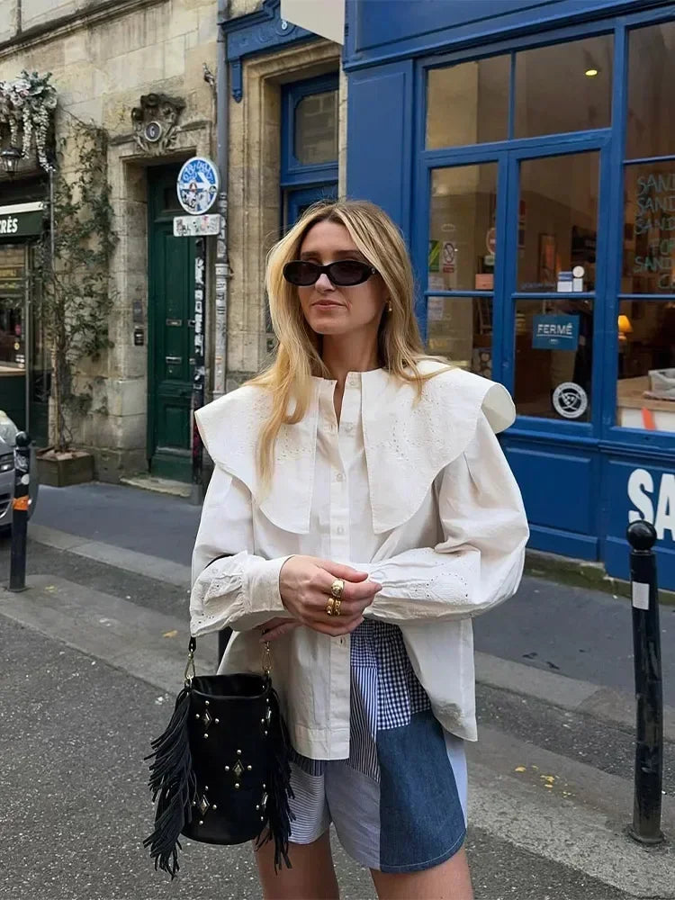 Luna - Poplin blouse with oversized collar