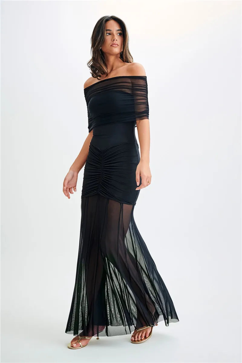 Solana - Elegant off shoulder sheer dress