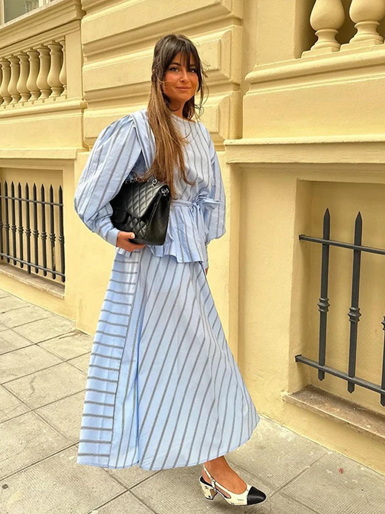 Mirella - Striped poplin blouse and skirt