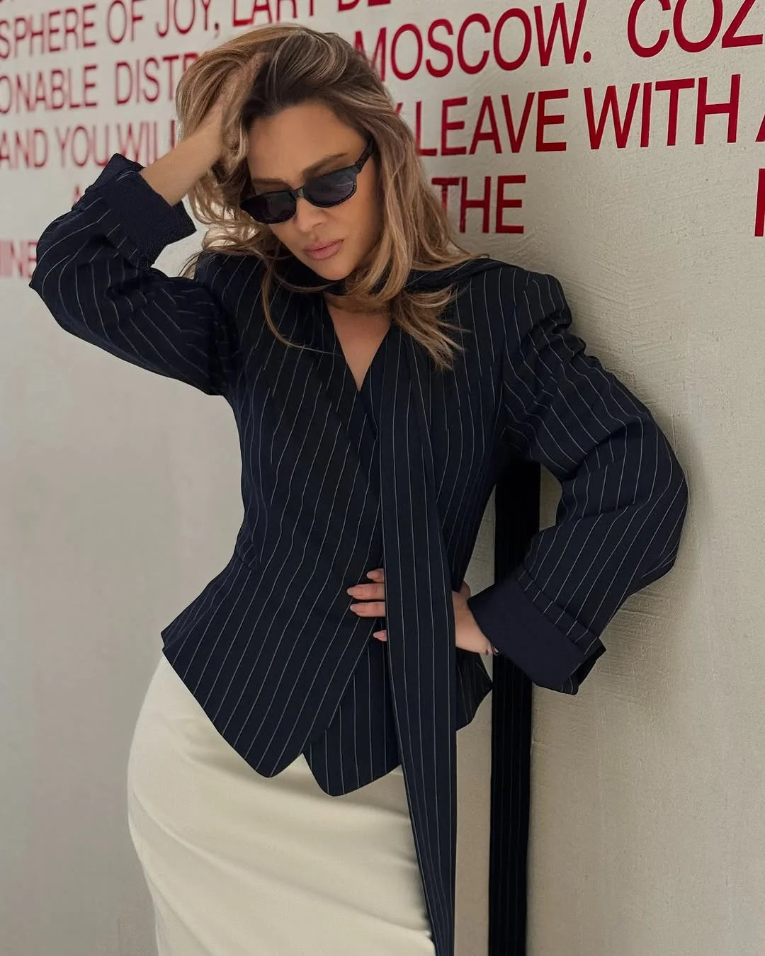 Irina - V-neck blazer jacket with slim scarf