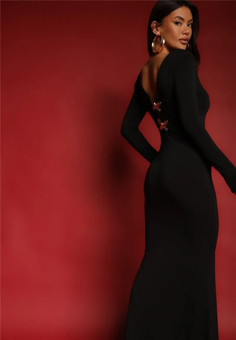 Karli - Deep neckline dress with butterfly detail