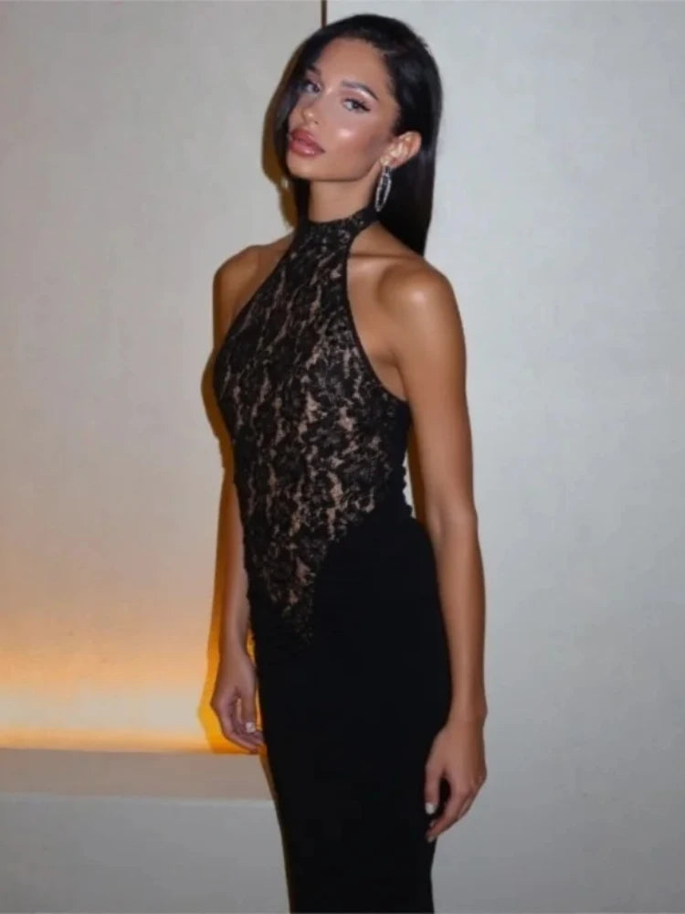 Amanda - Lace bodice halterneck dress