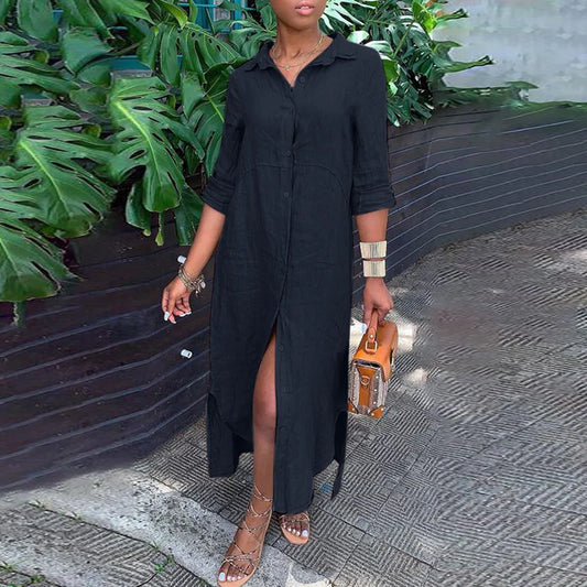 AnnaMae™ - Cotton linen blend button up dress