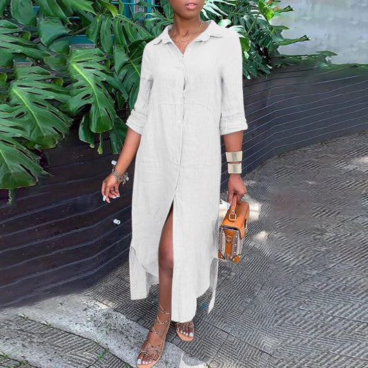 AnnaMae™ - Cotton linen blend button up dress