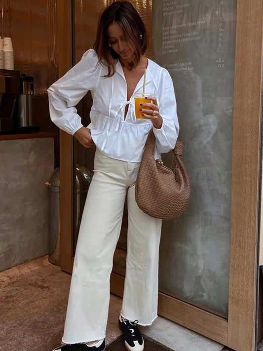 Rosa - Elegant cotton lace up blouse