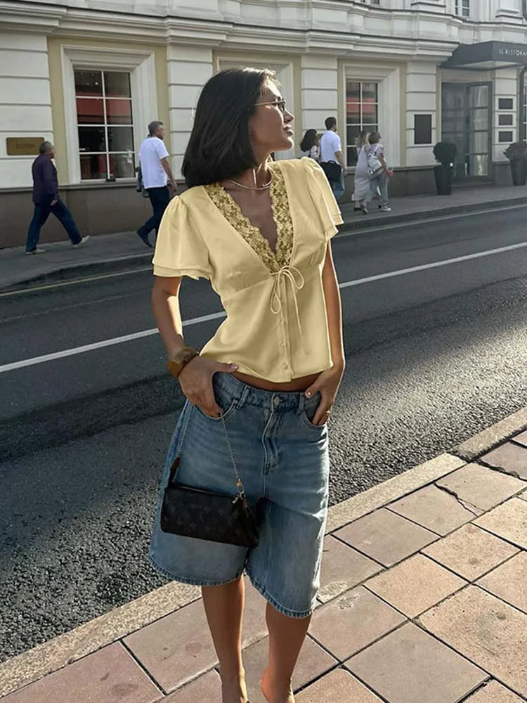 Tessa - Satin silk and lace top