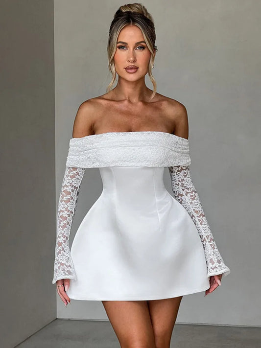 Celeste - Lace and satin off shoulder dress