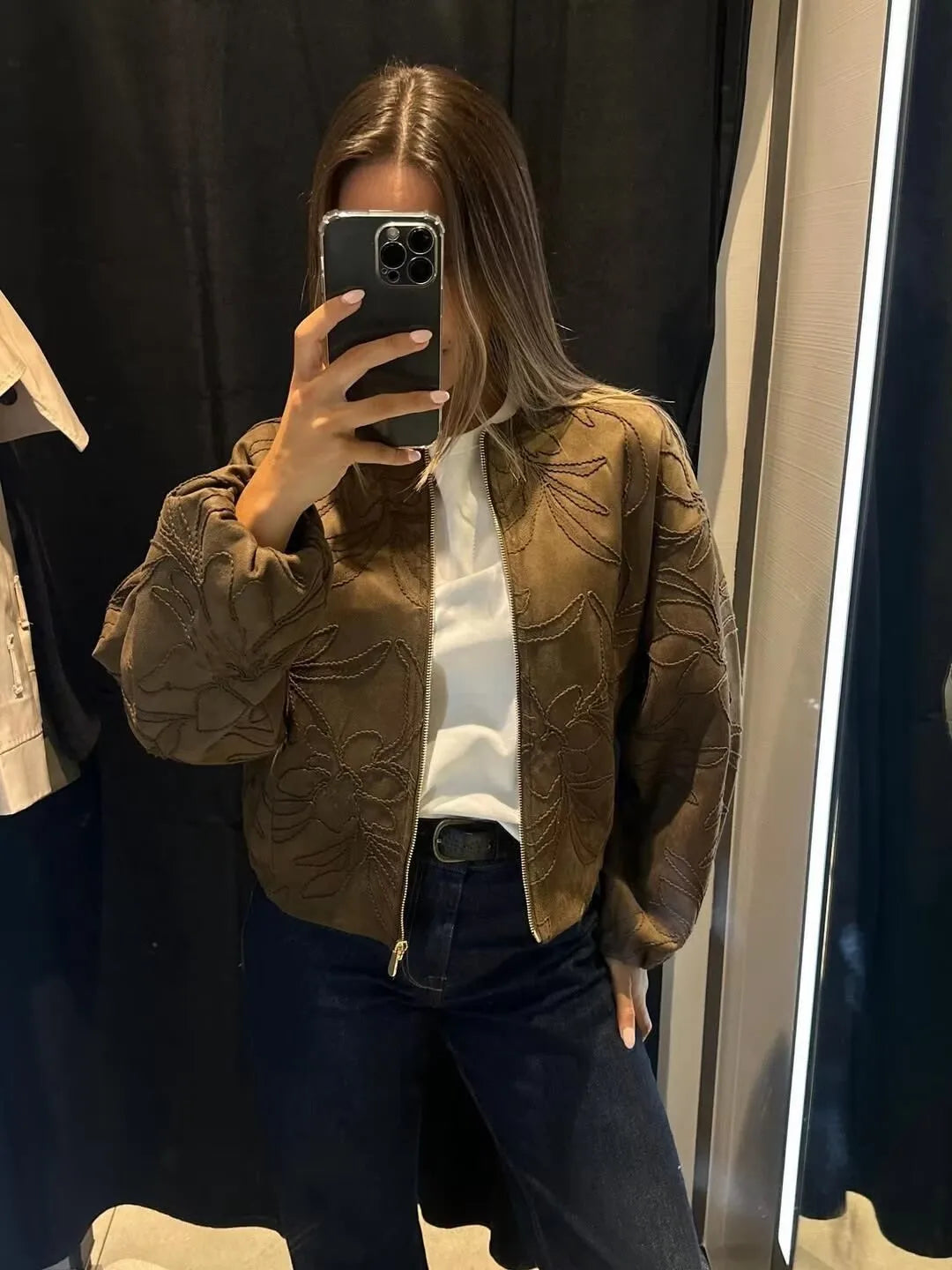 June - Faux suede embroidered zipper jacket