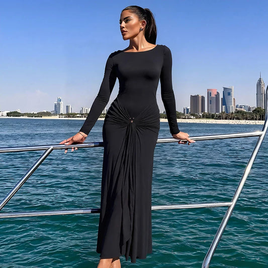 Nima - Long sleeve dress with belt detail