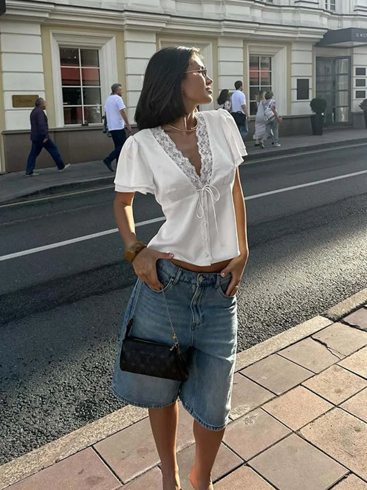 Tessa - Satin silk and lace top