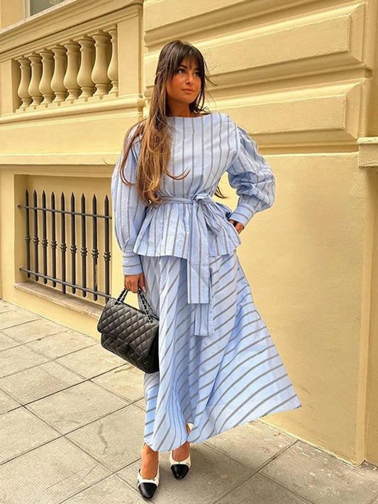 Mirella - Striped poplin blouse and skirt