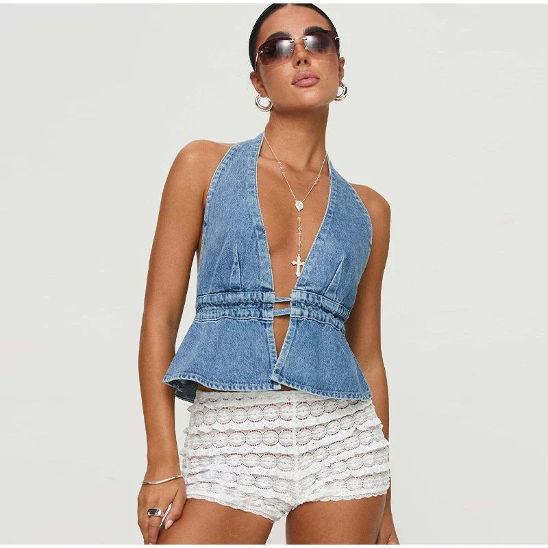Miranda - Denim halterneck top