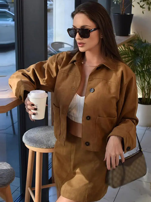 Nadia - Suede look jacket and skirt set