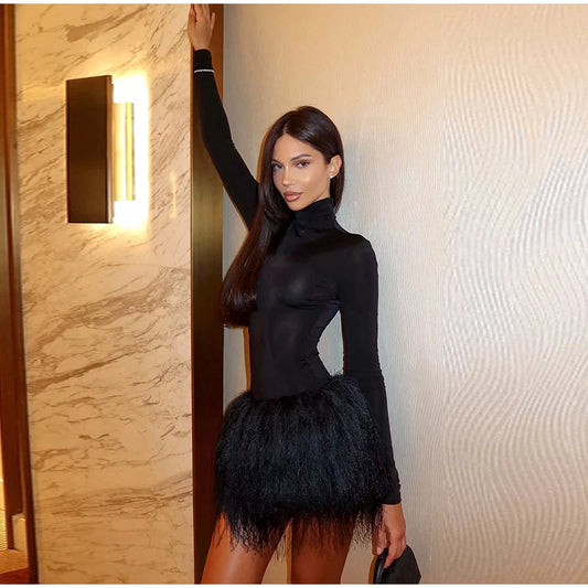 Tova - Body suit and feather mini skirt set