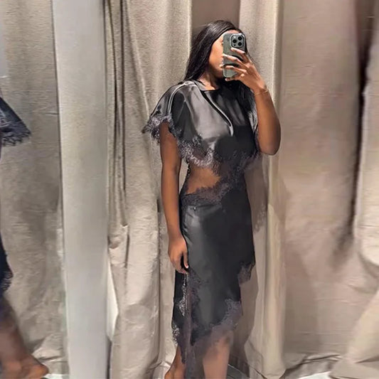 Adara - Satin silk and lace cut out dress