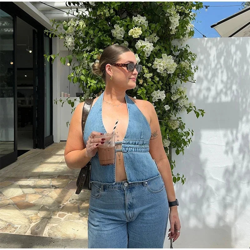 Miranda - Denim halterneck top