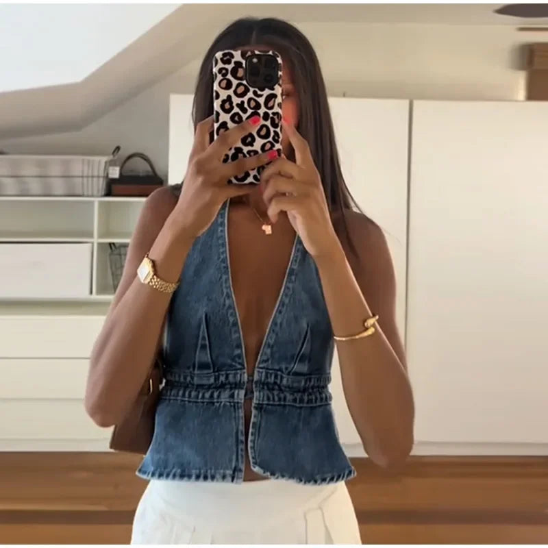 Miranda - Denim halterneck top