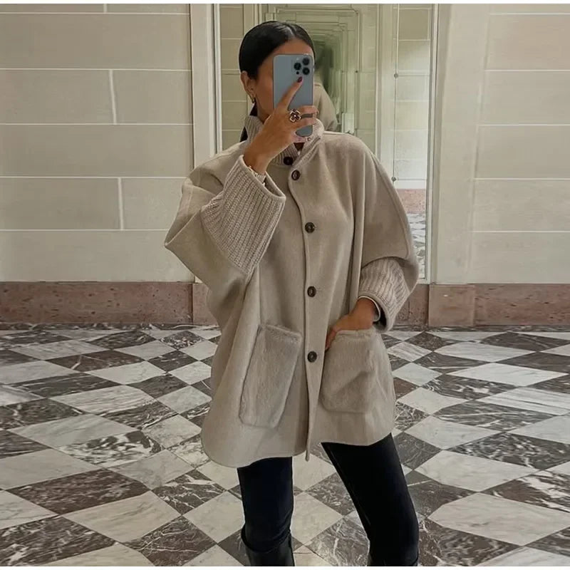 Lara - Wool blend jacket with fur pockets