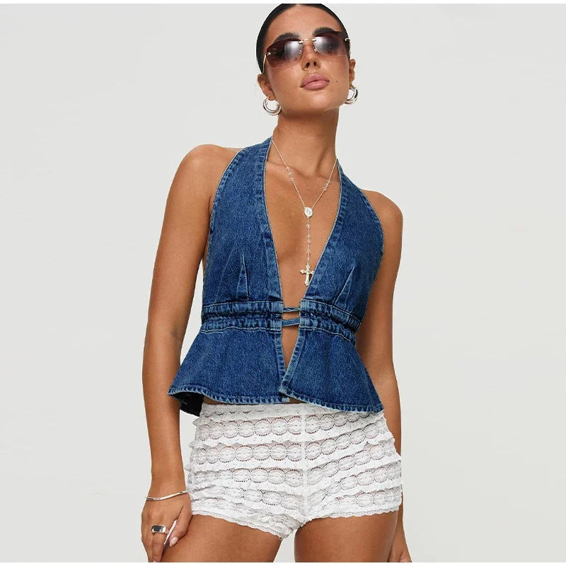 Miranda - Denim halterneck top
