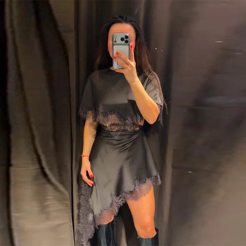 Adara - Satin silk and lace cut out dress