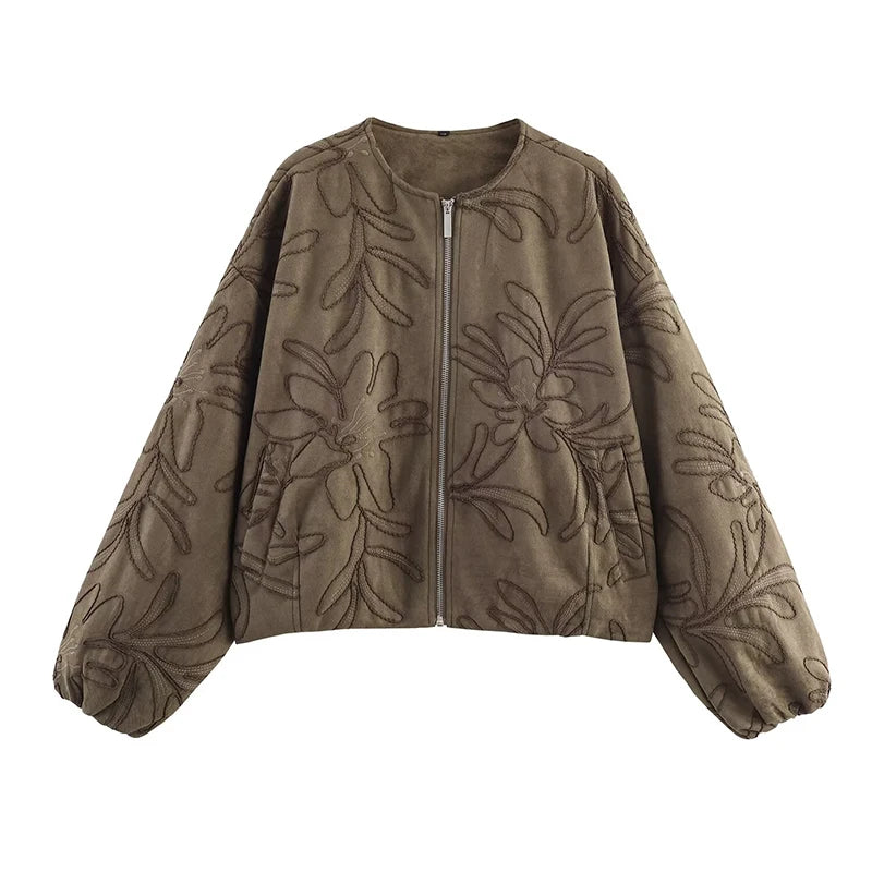 June - Faux suede embroidered zipper jacket