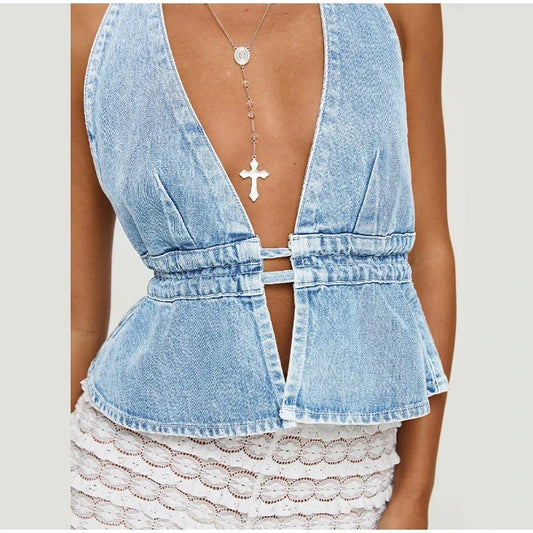 Miranda - Denim halterneck top