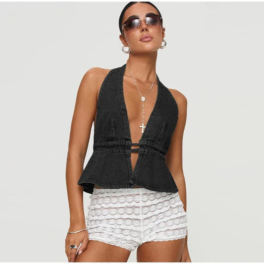 Miranda - Denim halterneck top