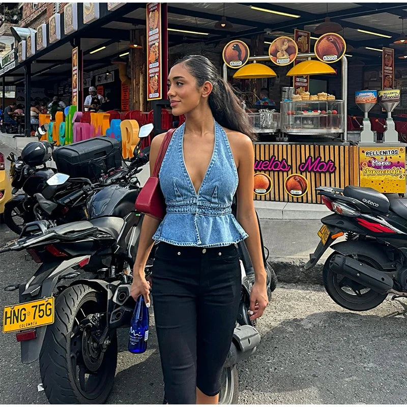 Miranda - Denim halterneck top
