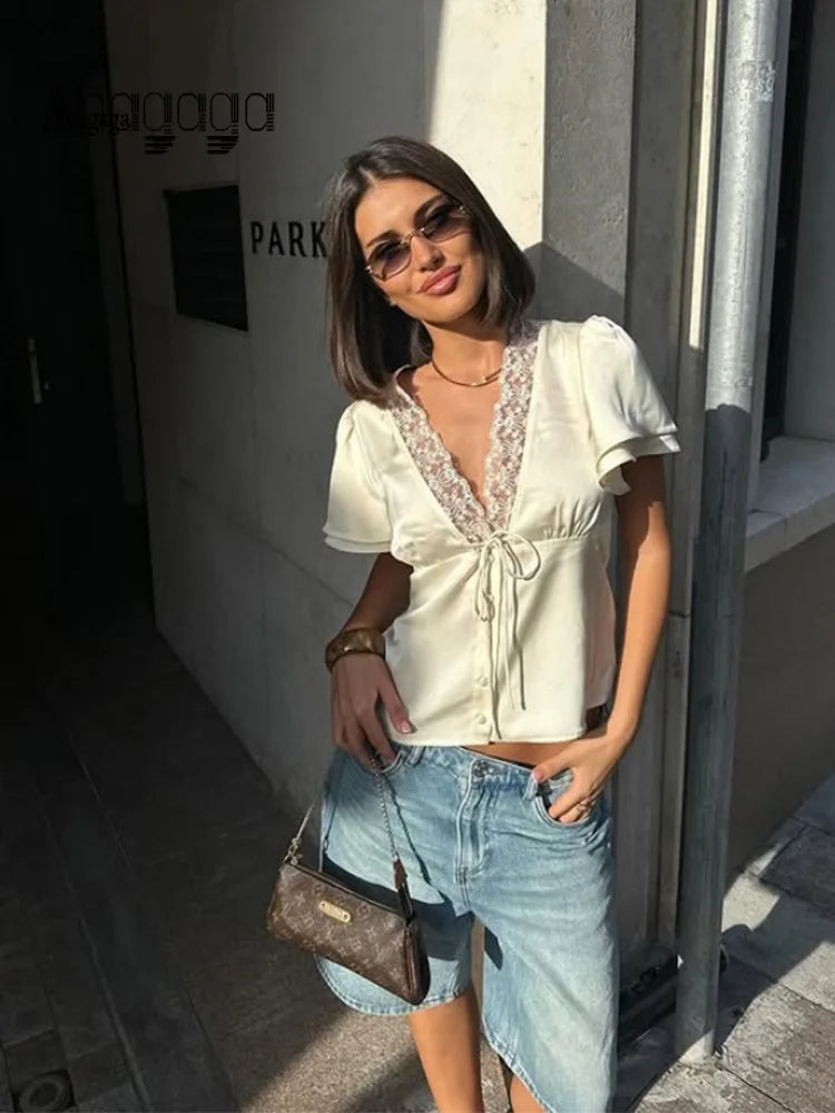 Tessa - Satin silk and lace top