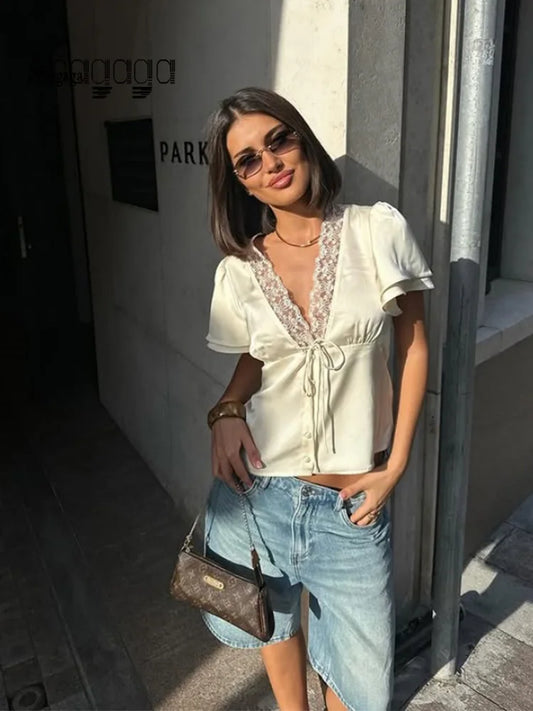 Tessa - Satin silk and lace top