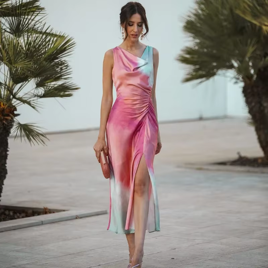 Sarina - Flattering satin silk dress with slit