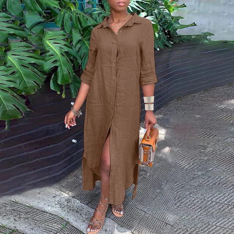 AnnaMae™ - Cotton linen blend button up dress
