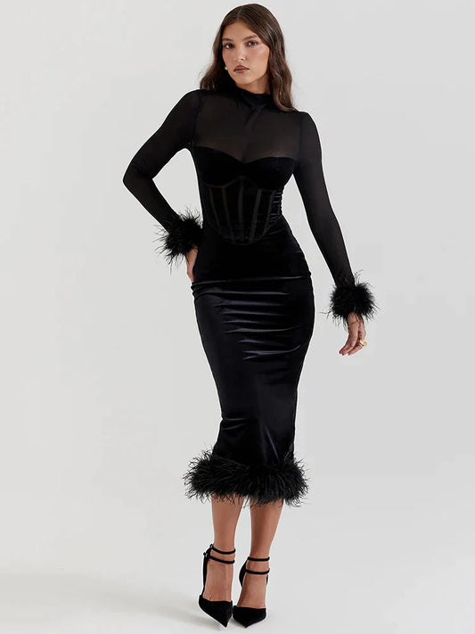 Marie Mae - Figure flattering velvet dress with feather details