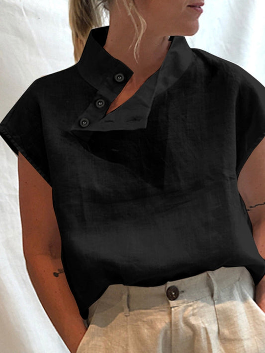 Celia - Short Sleeve Linen Top with Button Detail