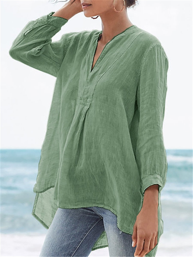 Kathy - Cotton and linen elegant V neck shirt