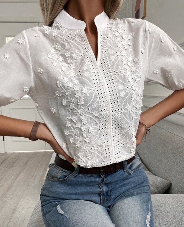 And The Why Lace Detail Ruffle Short Sleeve Blouse