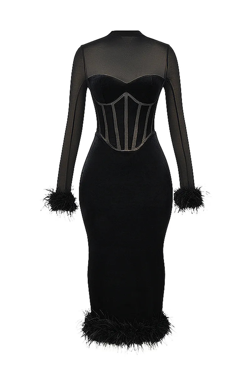 Marie Mae - Figure flattering velvet dress with feather details