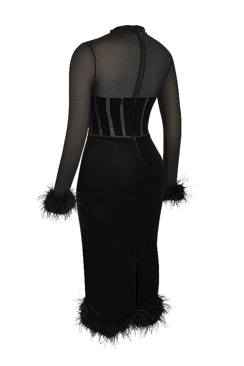 Marie Mae - Figure flattering velvet dress with feather details ...