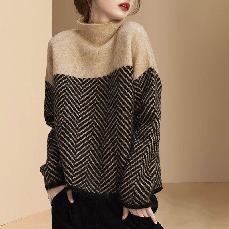 High Neck Sweater with Herringbone Pattern