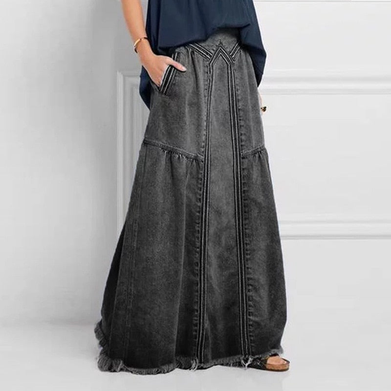 Suzie - Elegant Long Denim Skirt with Elasticated Waist